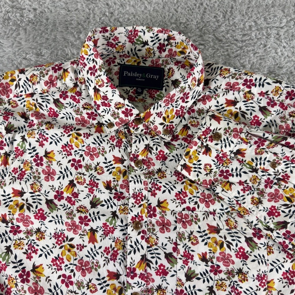 Paisley &‎ Gray Mens Slim Fit Floral Button Down Shirt XL Red Yellow White